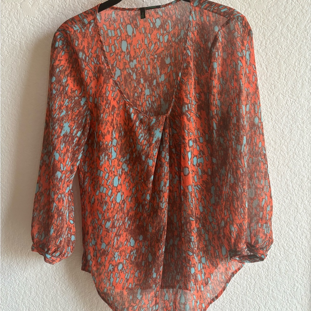 Stile Benetton Sheer Orange and Blue Patterned Blouse